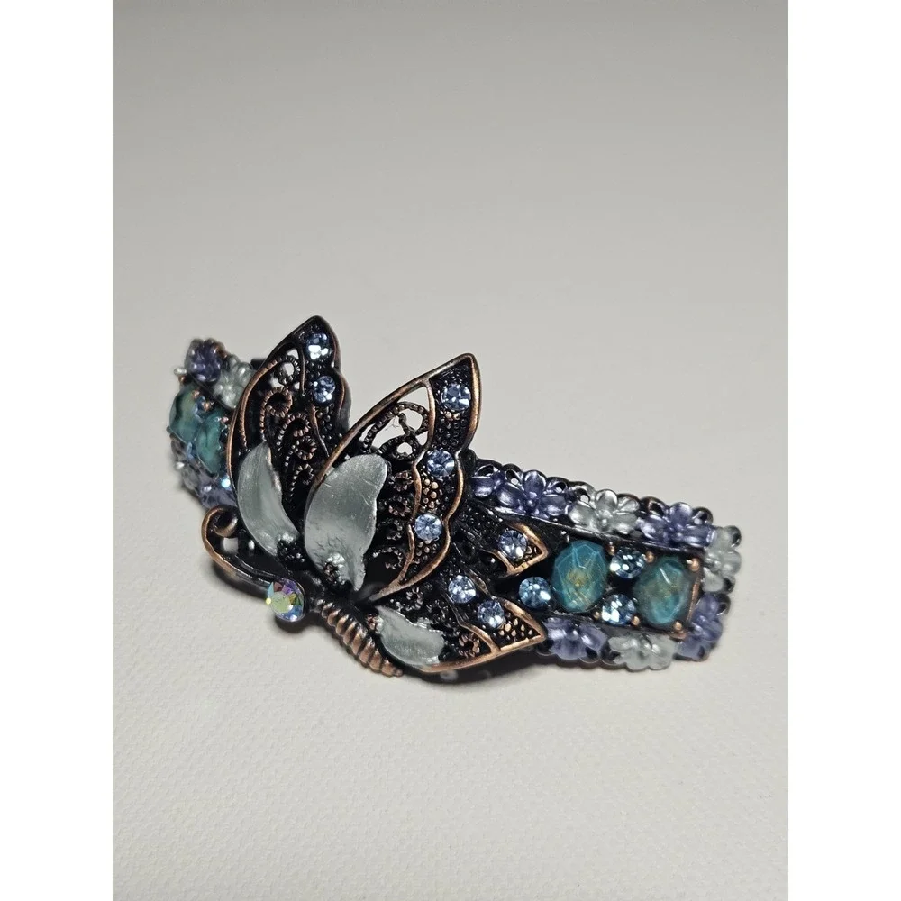 Blue Butterfly Hair Barrette Crystal Enamel Copper Floral Filigree Clip Women